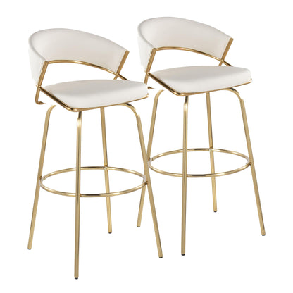 A set of two Jie fixed height contemporary barstools with swivel, round footrests, gold metal frames, white cushioned seats, and curved backrests are arranged side by side against a white background.