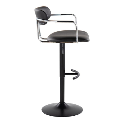 The Demi Contemporary Adjustable Height Barstool Set of 2 features a black cushioned seat and backrest, chrome armrests, a rounded T footrest, and a round black pedestal base, shown in profile view against a white background.