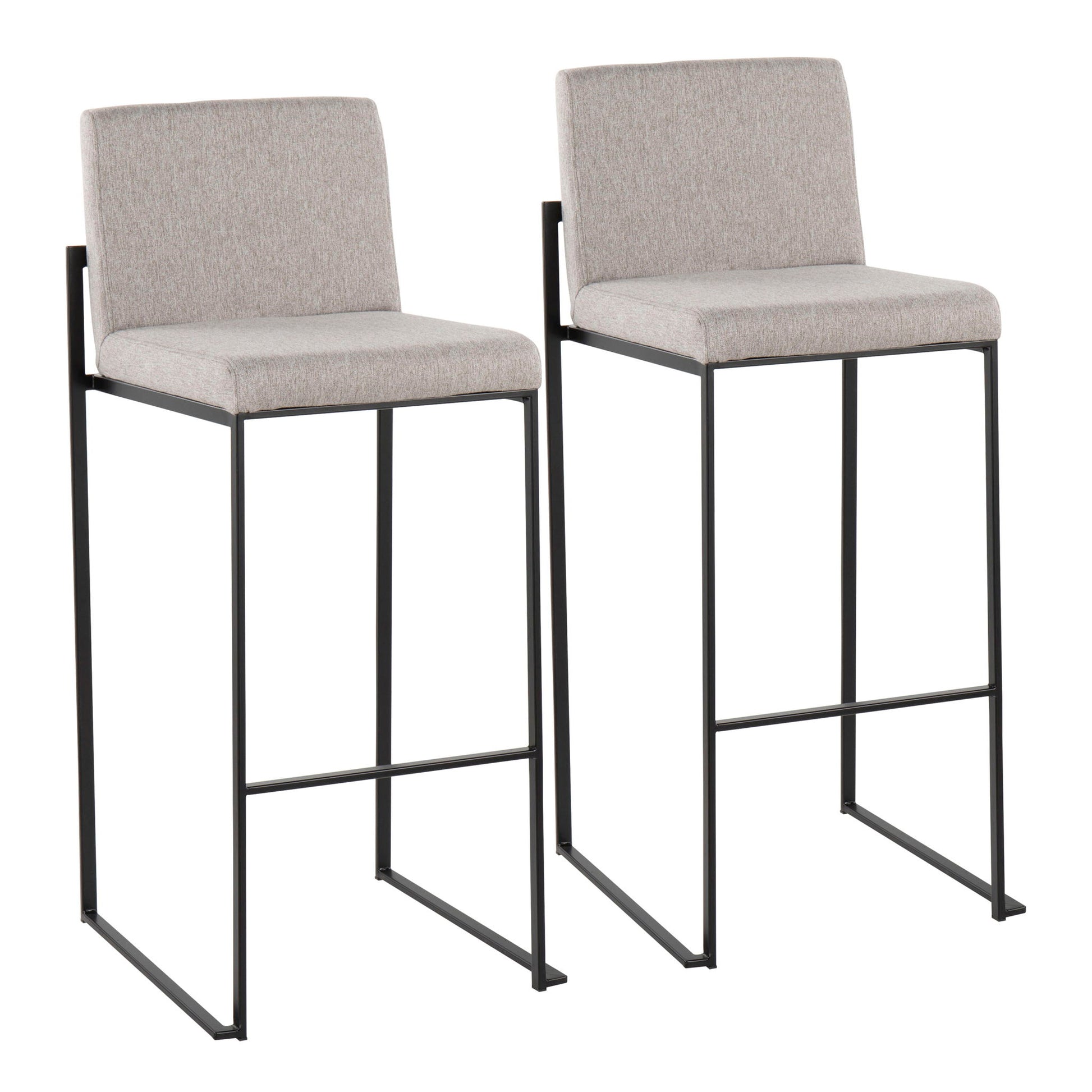 Two Fuji Contemporary High Back Barstools with elegant light gray upholstery, slim black metal frames, and built-in footrests are placed side by side against a white background.