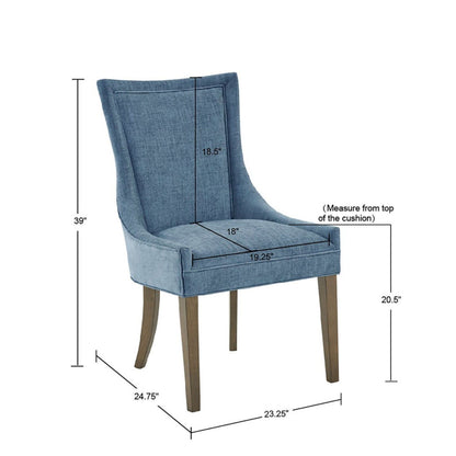Ultra - Elegant Dining Side Chair (Set of 2), blue upholstery with wooden legs. Dimensions: chair height 39", seat height 20.5", seat width 19.25", seat depth 18", overall width 23.25", depth 24.75". Measurement points shown with arrows.