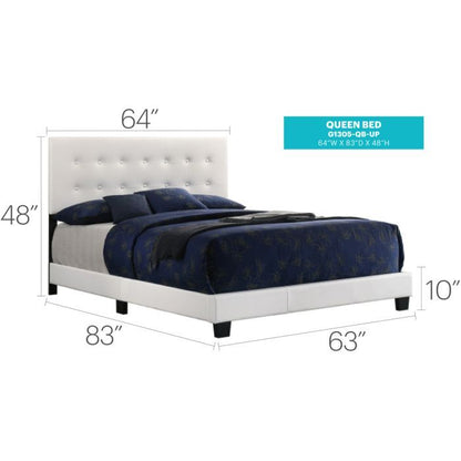 The Caldwell - Bed is a white upholstered queen bed with a tufted headboard, shown with blue bedding and pillows. Dimensions: 64"W headboard, 83"L, 63"W bed, 48"H headboard, and 10"H base.