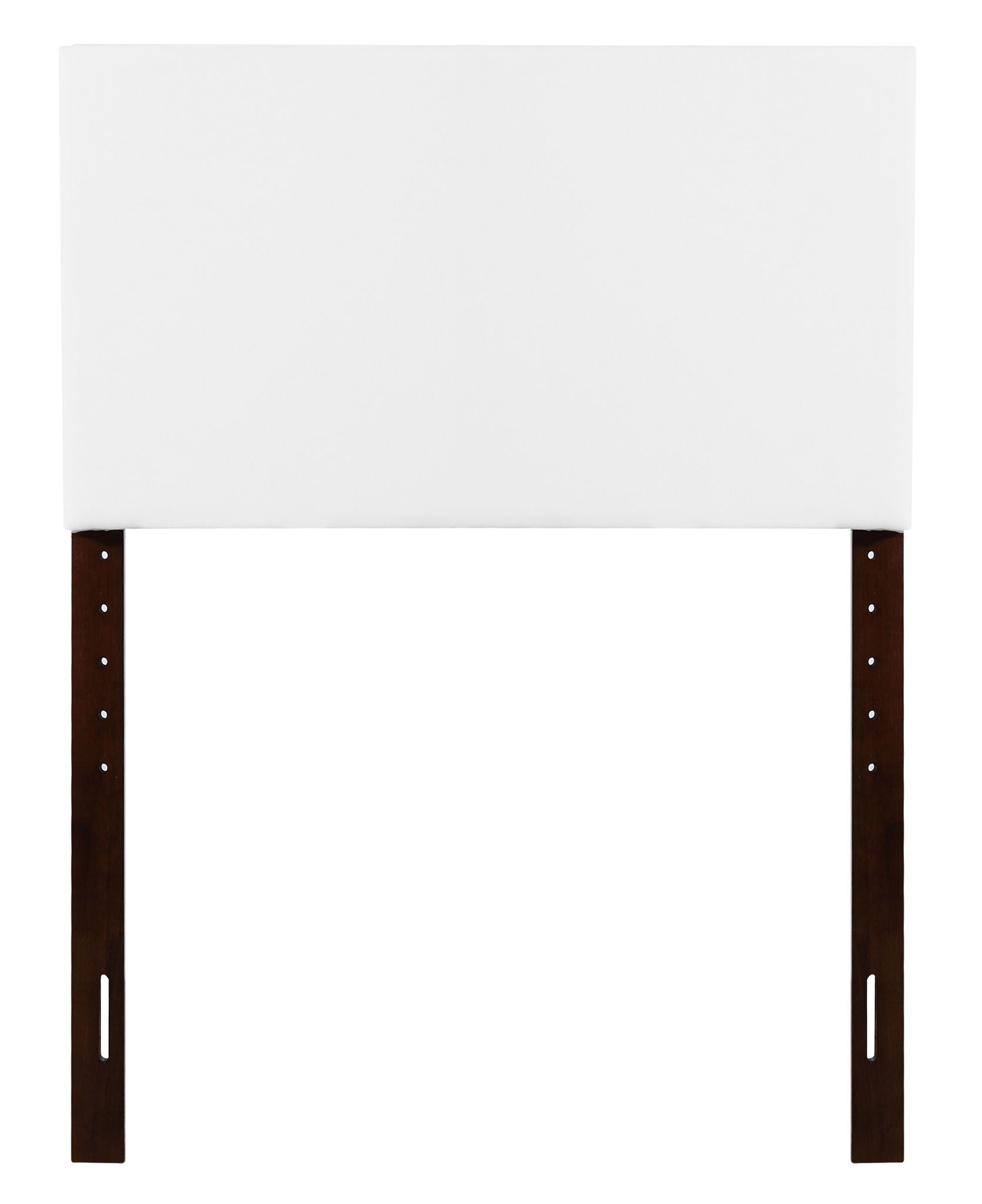The Nova Headboard is a rectangular, white upholstered design with two vertical dark wood legs and adjustable mounting holes, offering a simple and modern look against a plain white background.