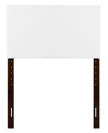 The Nova Headboard is a rectangular, white upholstered design with two vertical dark wood legs and adjustable mounting holes, offering a simple and modern look against a plain white background.