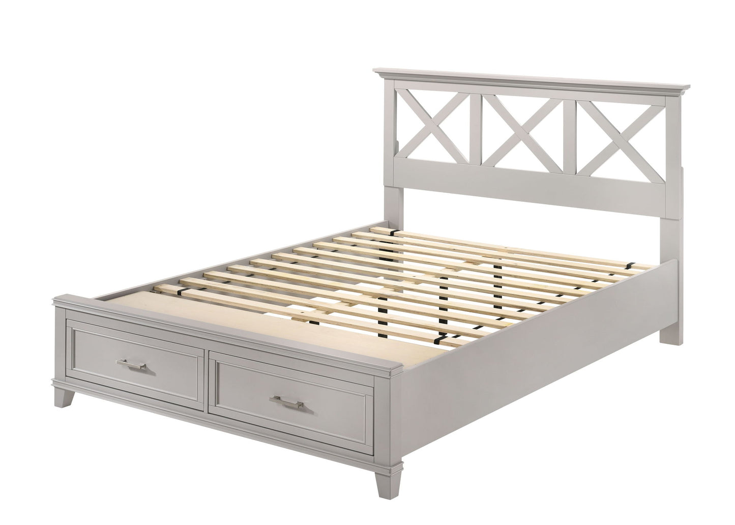 The X Ample Storage Bed is a white wooden frame with a slatted base, two footboard storage drawers, and a headboard with a crisscross pattern design.