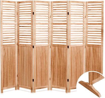The Expertly Designed Panel Folding Room Divider features six wooden panels with horizontal slats on the top half and solid wood below, plus a close-up of its sturdy base in the bottom right corner.