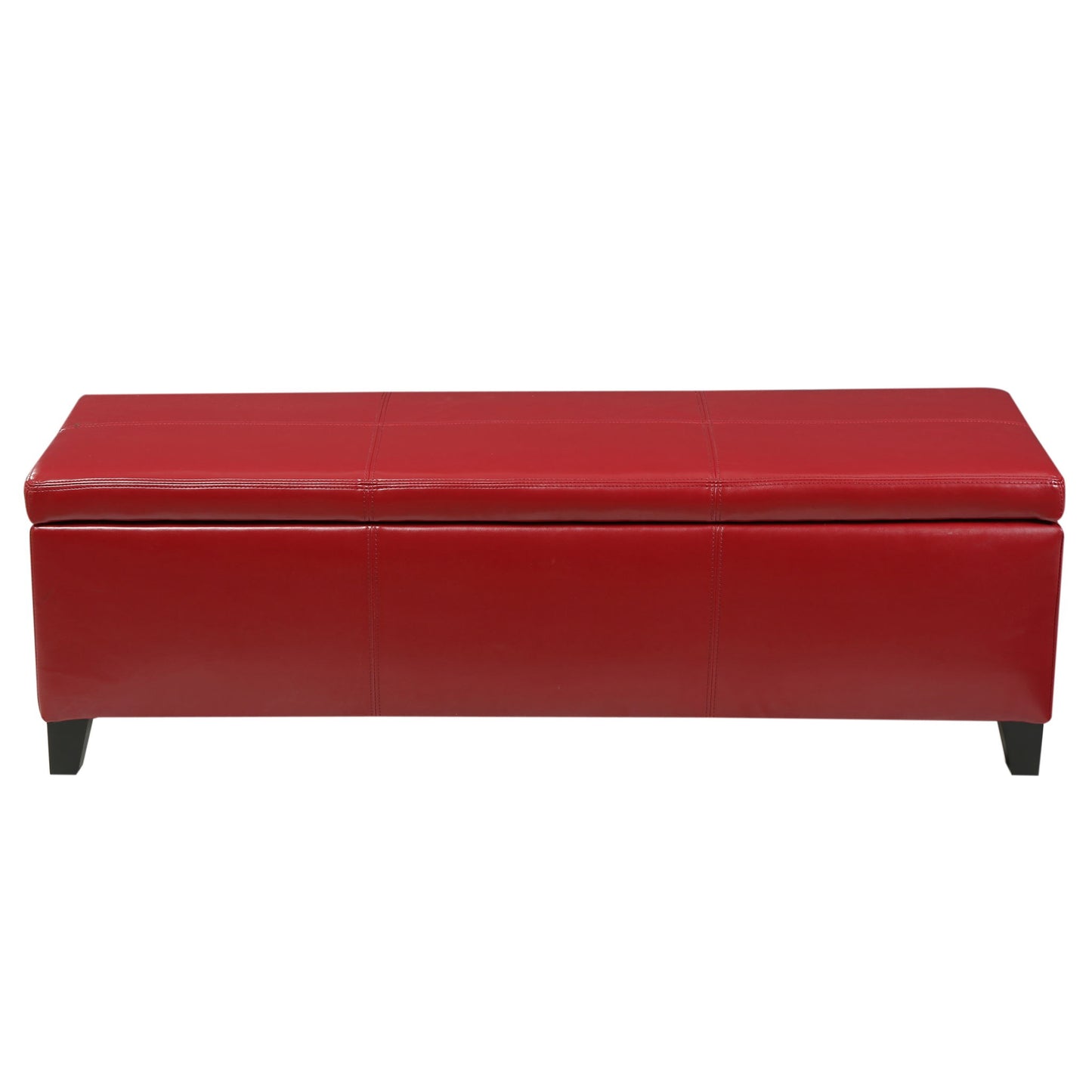 The Glouster - Contemporary Storage Ottoman is a rectangular red upholstered bench with a hinged lid and short black legs, displayed against a white background.