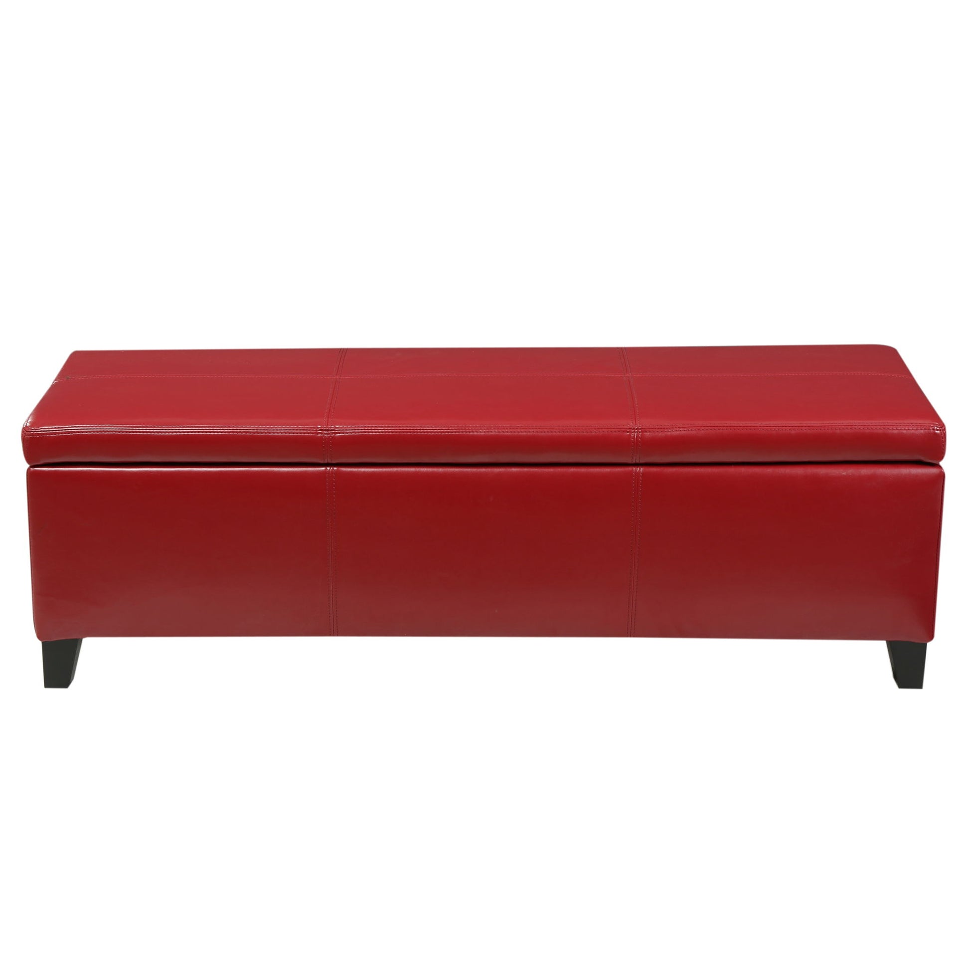 The Glouster - Contemporary Storage Ottoman is a rectangular red upholstered bench with a hinged lid and short black legs, displayed against a white background.