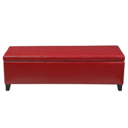 The Glouster - Contemporary Storage Ottoman is a rectangular red upholstered bench with a hinged lid and short black legs, displayed against a white background.