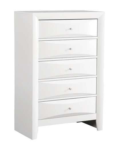 The Marilla - Chest is a tall, modern white dresser featuring five drawers with single round silver knobs and subtly curved drawer fronts.