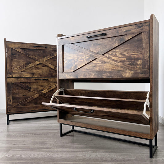 Two Shoe Storage Cabinets with 2 Flip Drawers and black metal legs in rustic brown sit on a light wood floor; one has its front panel open to show storage, while the other is closed. Both feature cross-brace details.