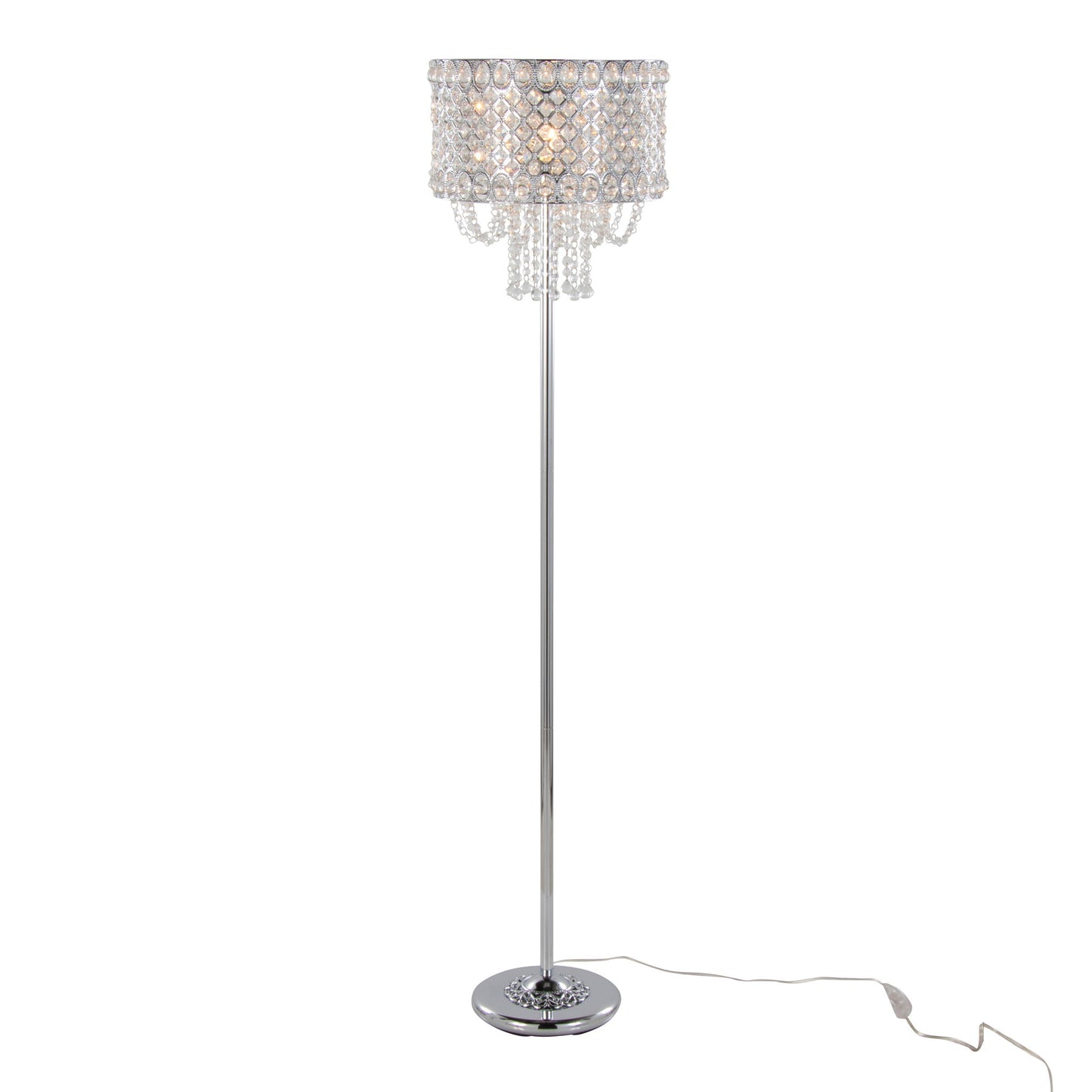 The Droplet Contemporary Floor Lamp features a polished chrome base and a clear, crystal-like beaded lampshade with a visible power cord.