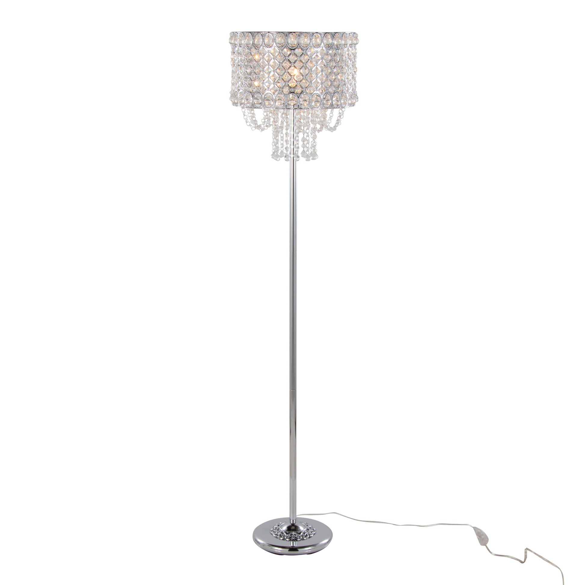 The Droplet Contemporary Floor Lamp features a polished chrome base and a clear, crystal-like beaded lampshade with a visible power cord.