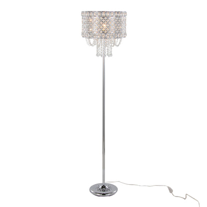 The Droplet Contemporary Floor Lamp features a polished chrome base and a clear, crystal-like beaded lampshade with a visible power cord.
