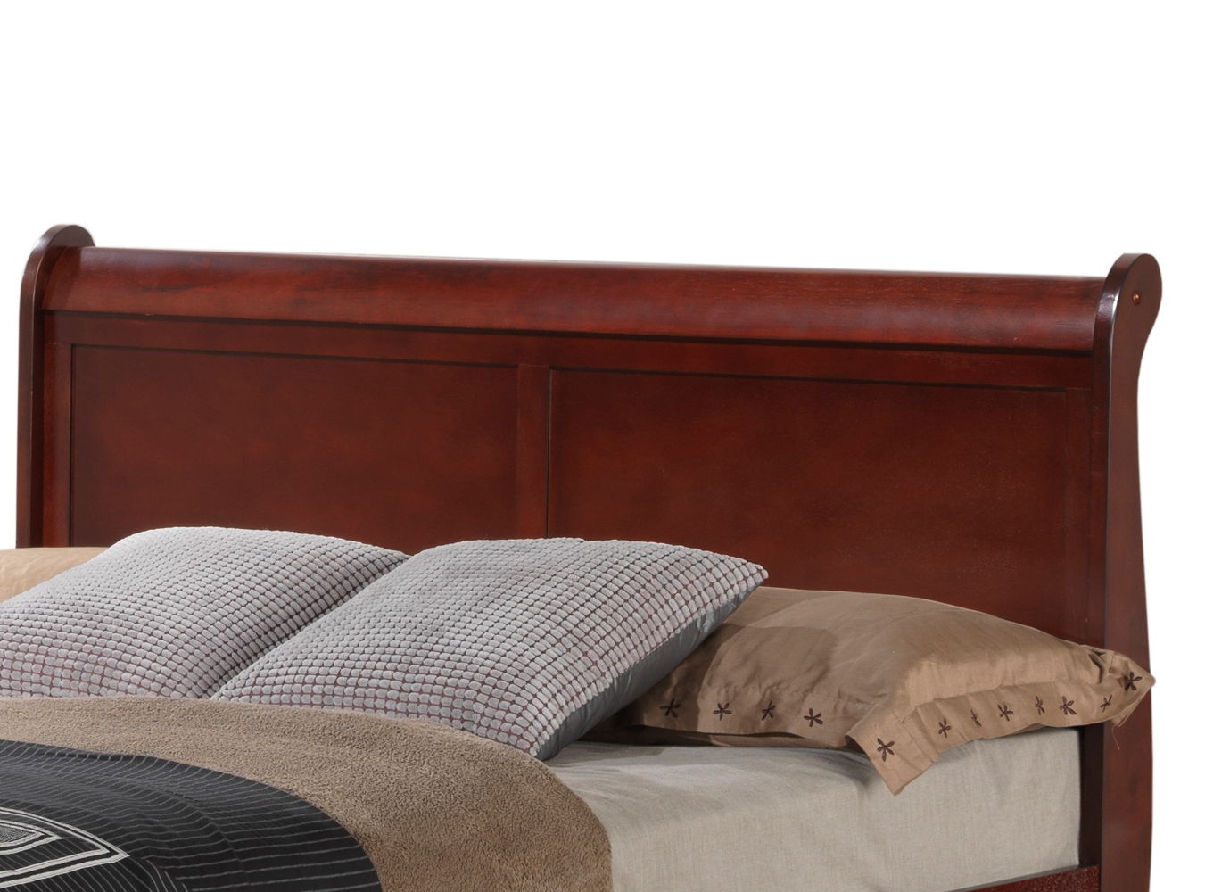 The Elegant Trundle Bed With Timeless Charm features a wooden frame, dark brown headboard, and bedding with two gray plaid pillows, a brown sheet, and a beige blanket.