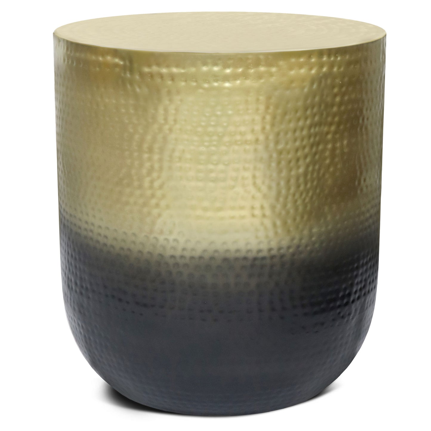 The Nova Handcrafted Metal Side Table features a round, hammered metal design with a gold-to-black gradient finish. It has a smooth, flat top and no visible legs for a sleek, modern look.