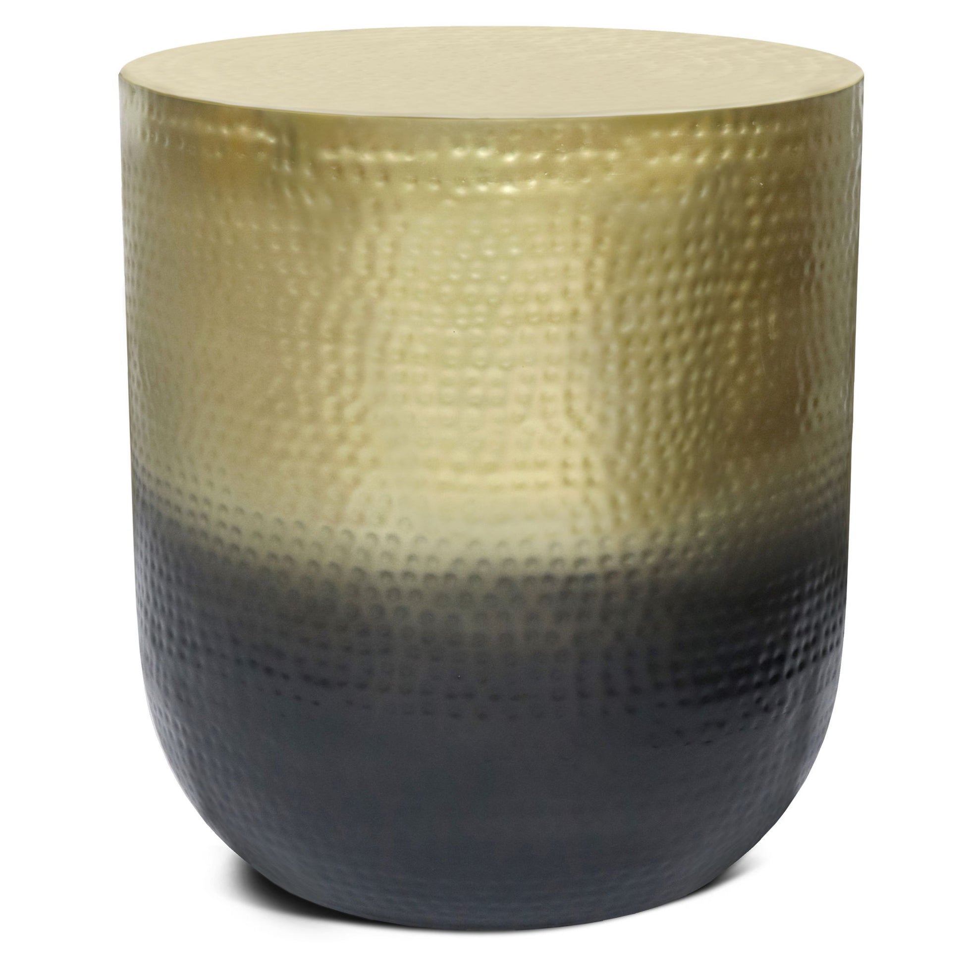 The Nova Handcrafted Metal Side Table features a round, hammered metal design with a gold-to-black gradient finish. It has a smooth, flat top and no visible legs for a sleek, modern look.