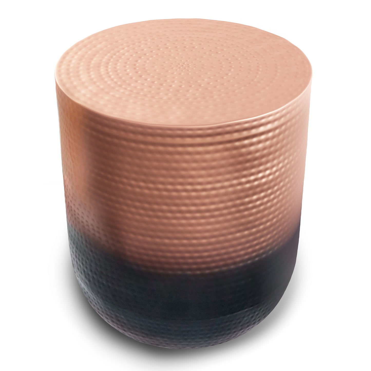 The Nova - Handcrafted Metal Side Table features a round, cylindrical shape with a hammered texture and a striking gradient from copper at the top to dark gray at the base, shown against a white background.