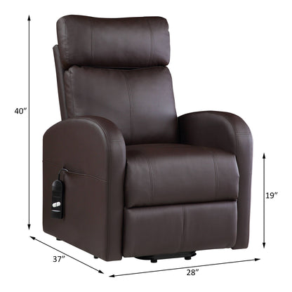 The Ricardo Power Motion Recliner With Lift features dark brown leather, visible stitching, cushioned back and armrests, a side pocket for remotes, and measures 40"H x 28"W x 37"D with a 19" seat height.