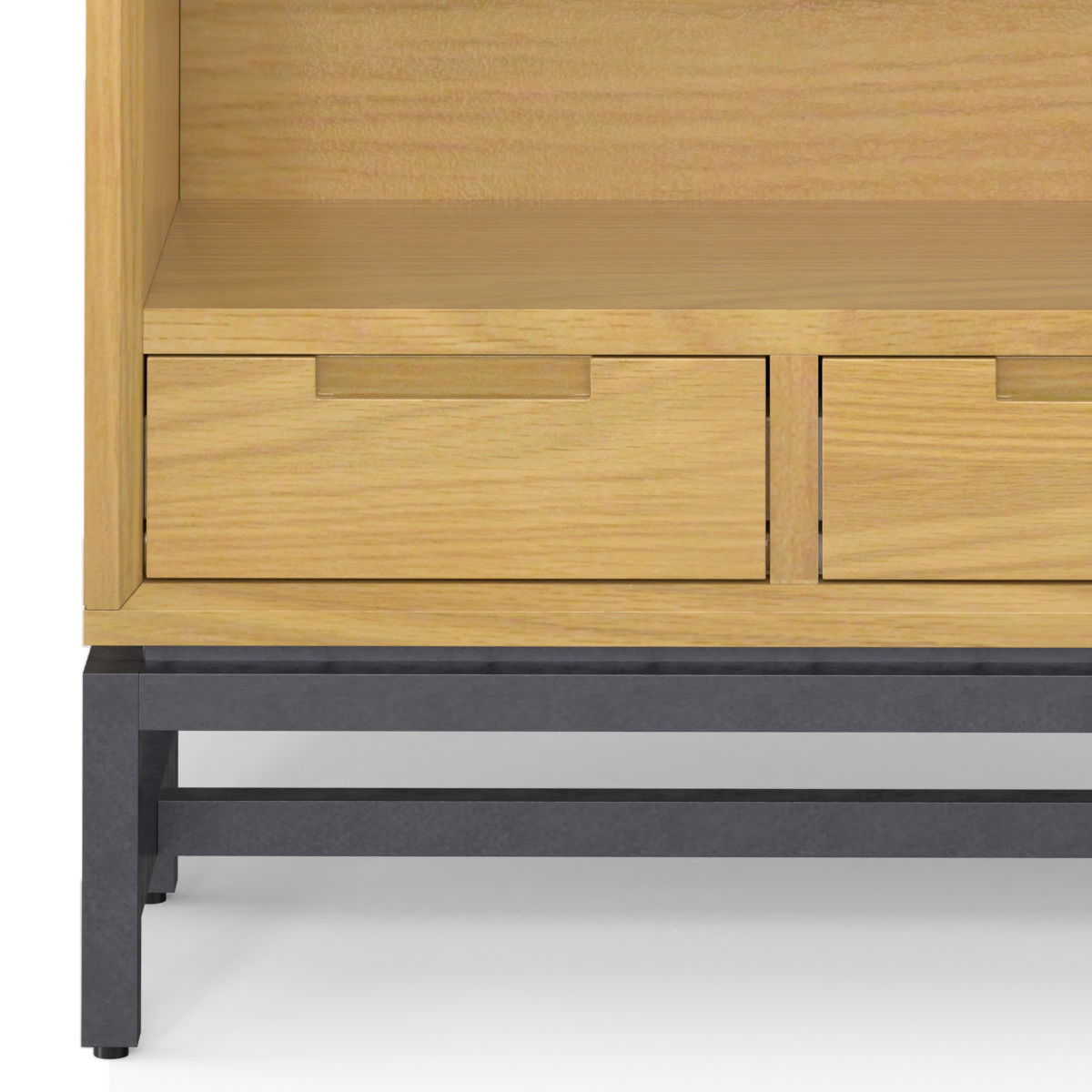 A close-up of the Banting - Mid Century Handcrafted Bookcase shows two wooden drawers with recessed handles on a black metal frame with horizontal supports, placed on a white surface.