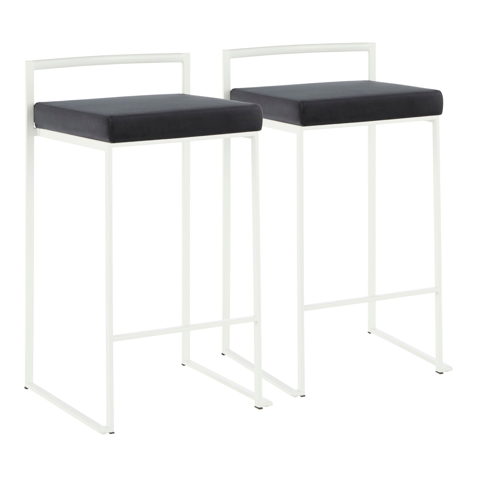 The Fuji - Simple Elegance, Contemporary Stackable Counter Stool features a modern design with white metal frames, square black cushioned seats, clean lines, and a low straight back support. No armrests or full backrests are included. Set of two stools.