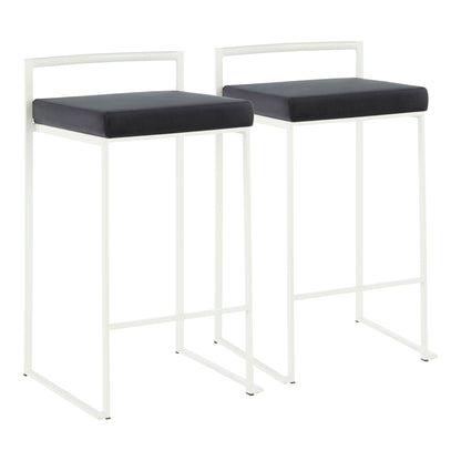 The Fuji - Simple Elegance, Contemporary Stackable Counter Stool features a modern design with white metal frames, square black cushioned seats, clean lines, and a low straight back support. No armrests or full backrests are included. Set of two stools.