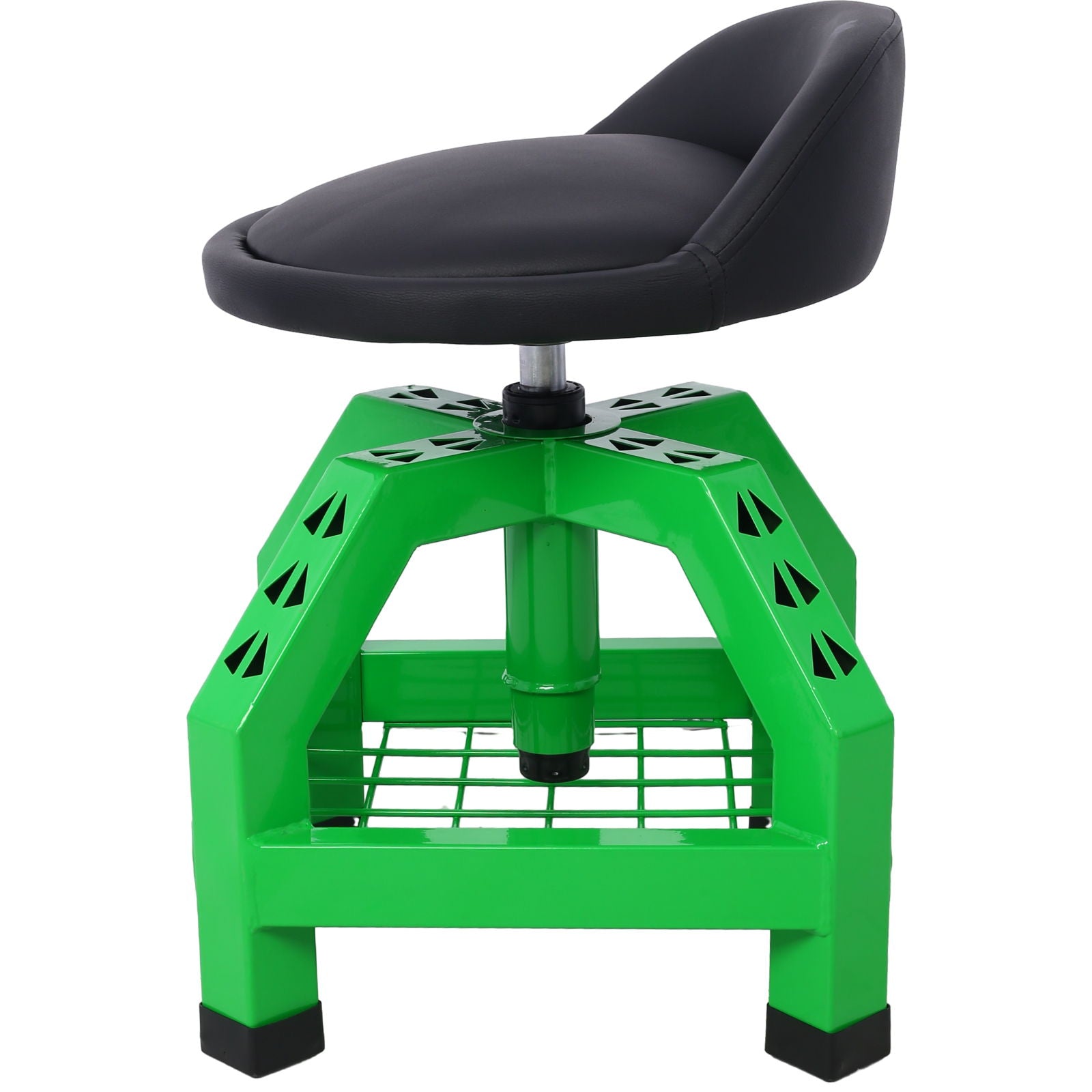 The Pneumatic 360 Degree Swivel Stool is an industrial-style rolling mechanics stool in green with a black padded seat and backrest, sturdy metal base featuring geometric cutouts, wire shelf underneath, and smooth-rolling casters.