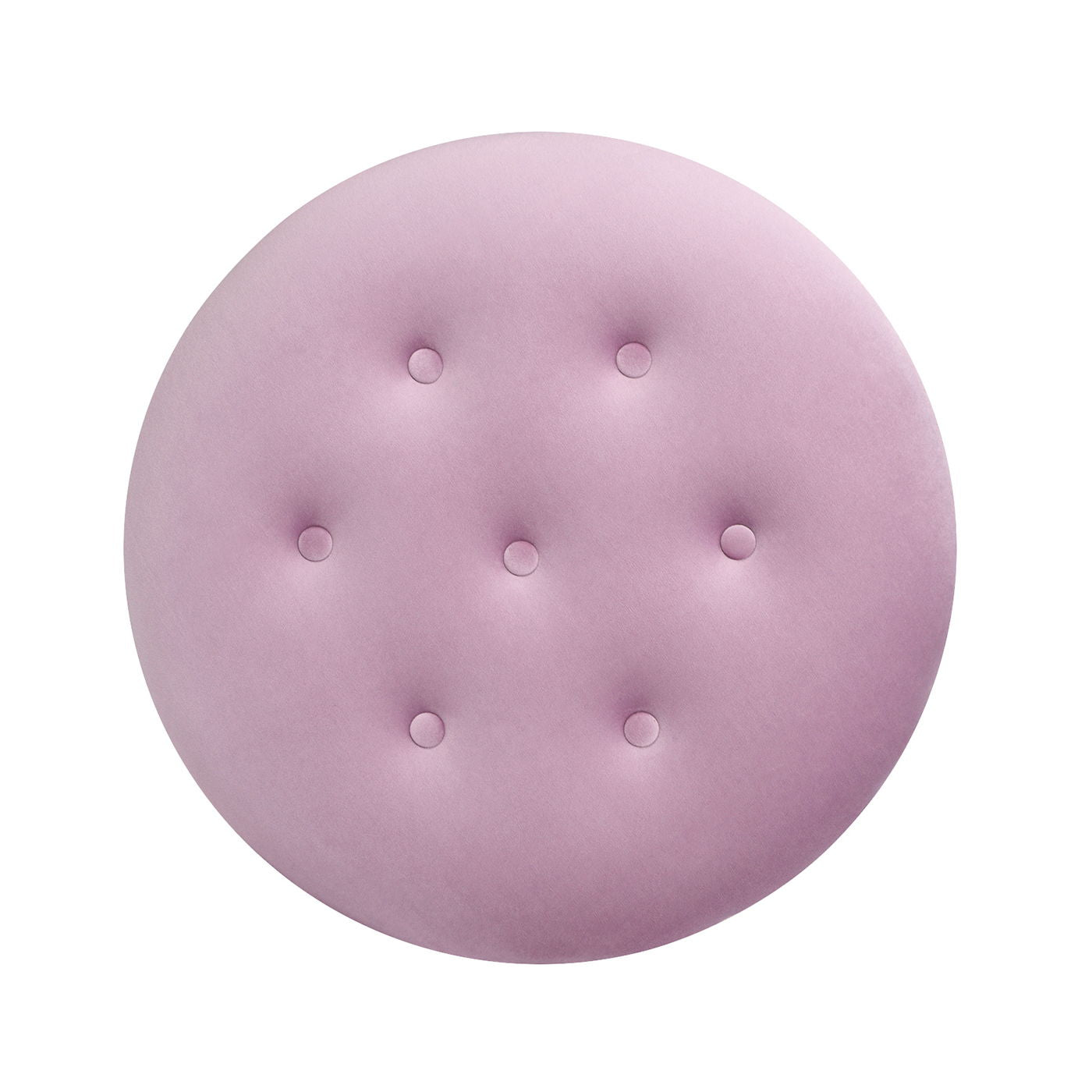 The Yolanda Round Upholstered Accent Ottoman features a light purple, velvety finish with seven evenly spaced tufted buttons, shown from above on a white background.