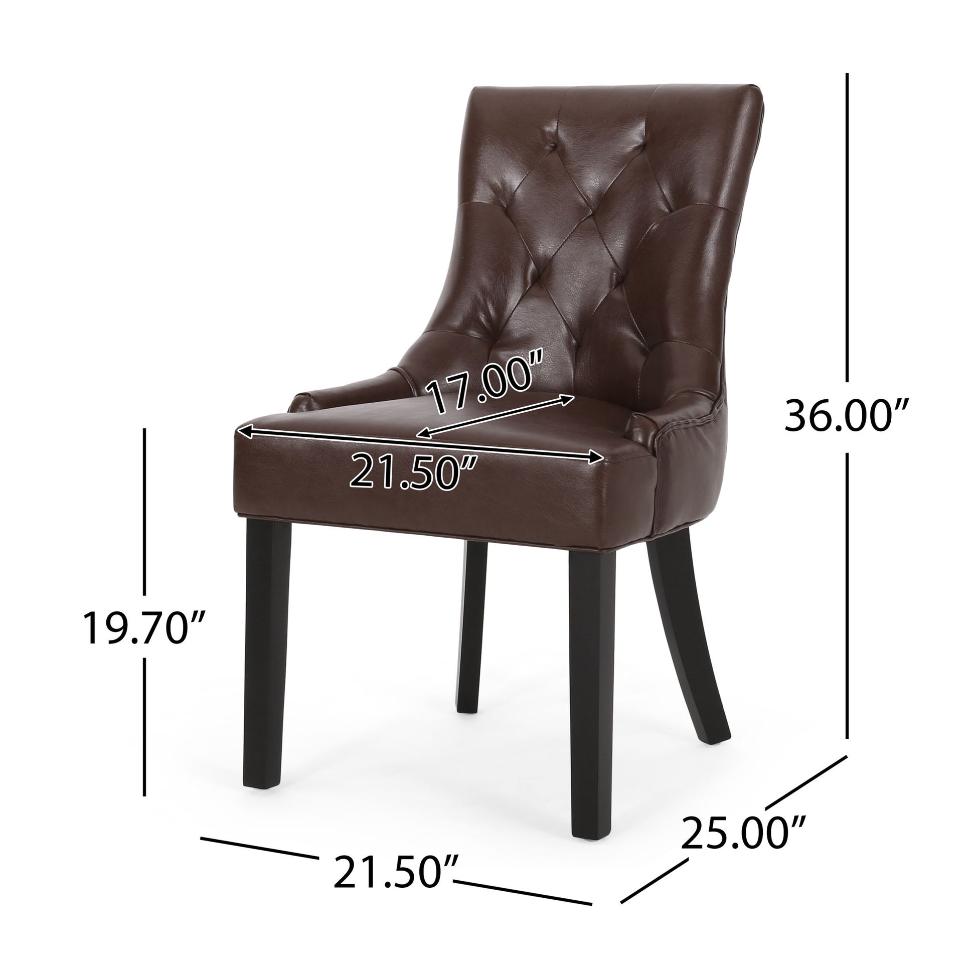The Cheney Contemporary Tufted Dining Chair (Set of 2) features brown leather, black legs, and measures: seat 21.50"W x 17.00"D x 19.70"H; overall 21.50"W x 25.00"D x 36.00"H.