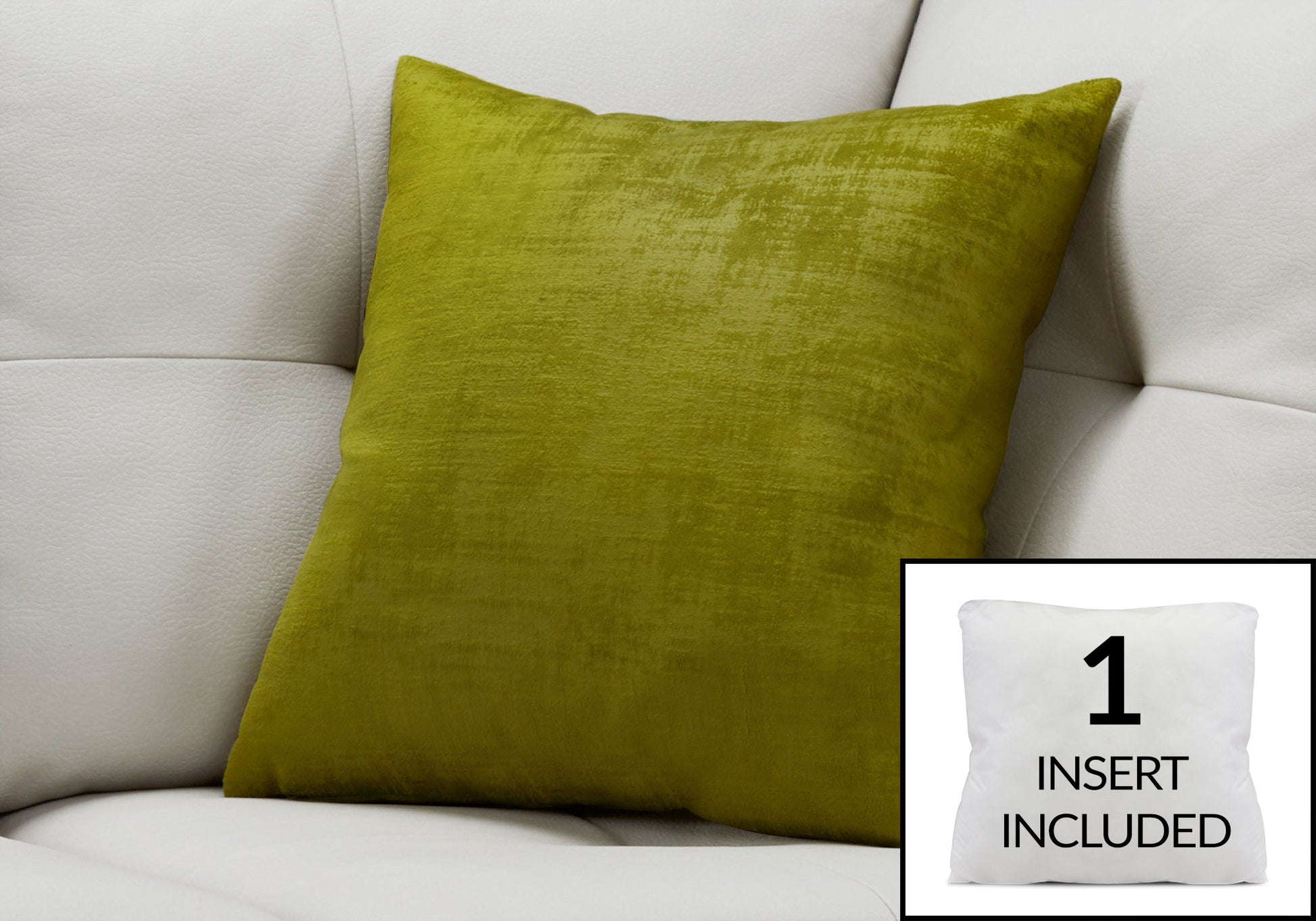 A green Pillow Square decorative throw rests on a white couch. In the corner, an inset shows the included hypoallergenic white pillow insert with the text “1 Insert Included.”.