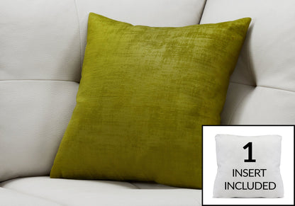A green Pillow Square decorative throw rests on a white couch. In the corner, an inset shows the included hypoallergenic white pillow insert with the text “1 Insert Included.”.