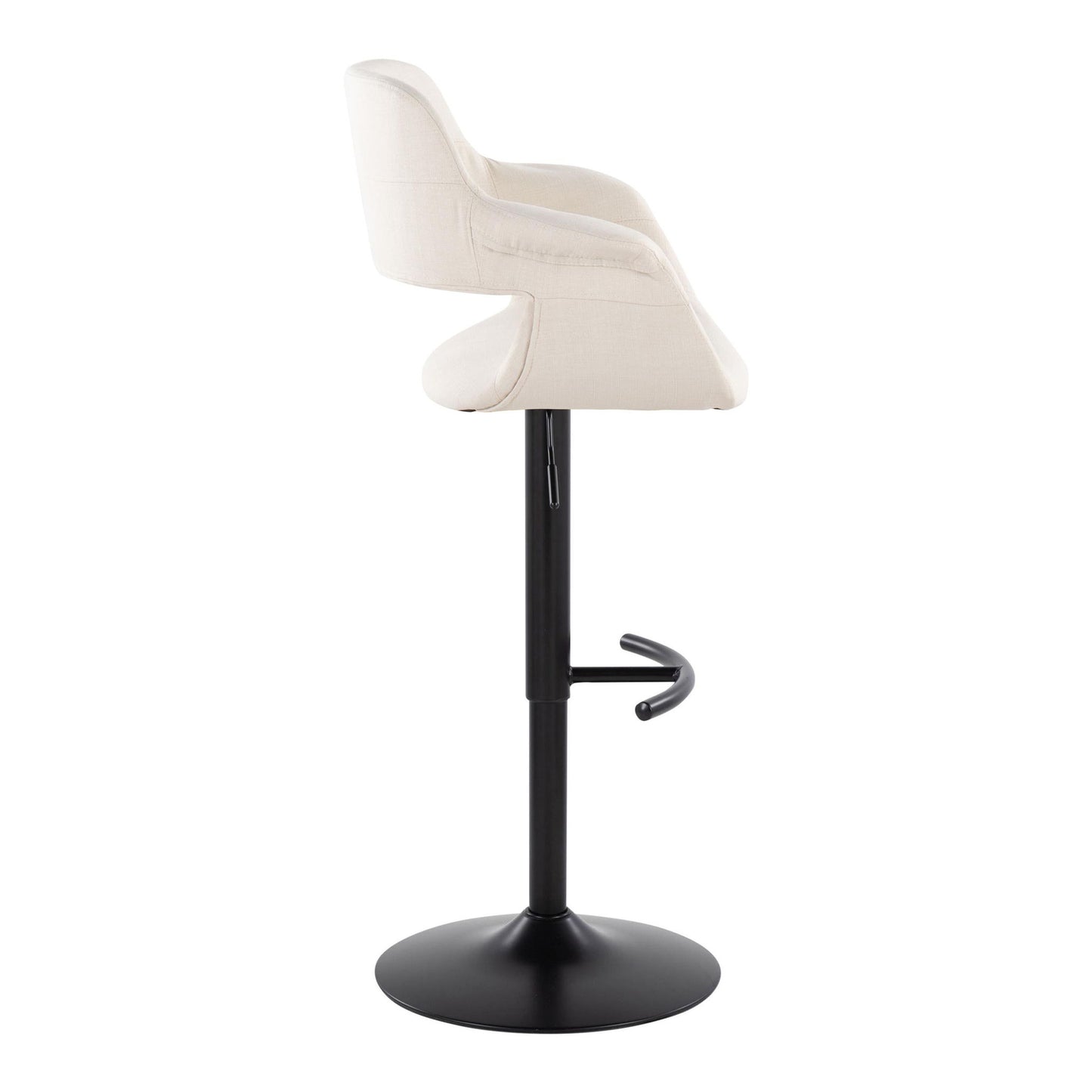 A side view of the Vintage Flair Mid Century Modern Adjustable Barstool, featuring a beige curved backrest, black metal pedestal base, and rounded T footrest, set against a white background.