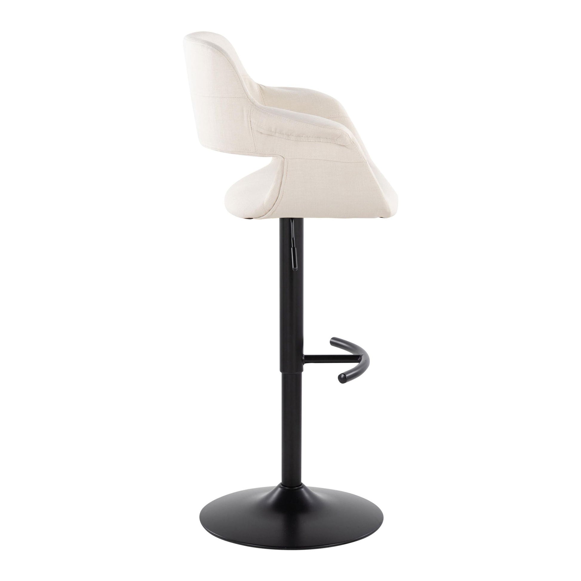 A side view of the Vintage Flair Mid Century Modern Adjustable Barstool, featuring a beige curved backrest, black metal pedestal base, and rounded T footrest, set against a white background.