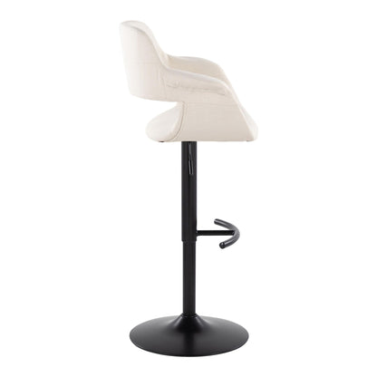 A side view of the Vintage Flair Mid Century Modern Adjustable Barstool, featuring a beige curved backrest, black metal pedestal base, and rounded T footrest, set against a white background.