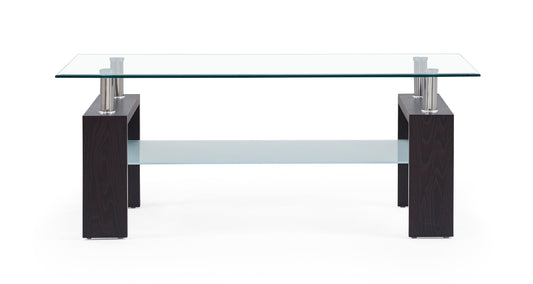 The Zuma Table is a modern rectangular coffee table featuring a clear glass top, dark wood legs, and a frosted glass shelf underneath.