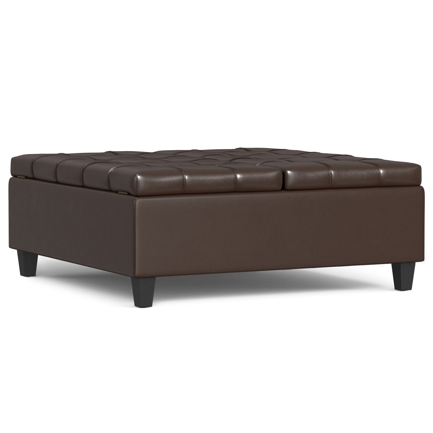 The Harrison Upholstered Coffee Table Storage Ottoman is a square, dark brown leather piece with tufted top cushioning and short black legs, perfect as a footrest or coffee table.