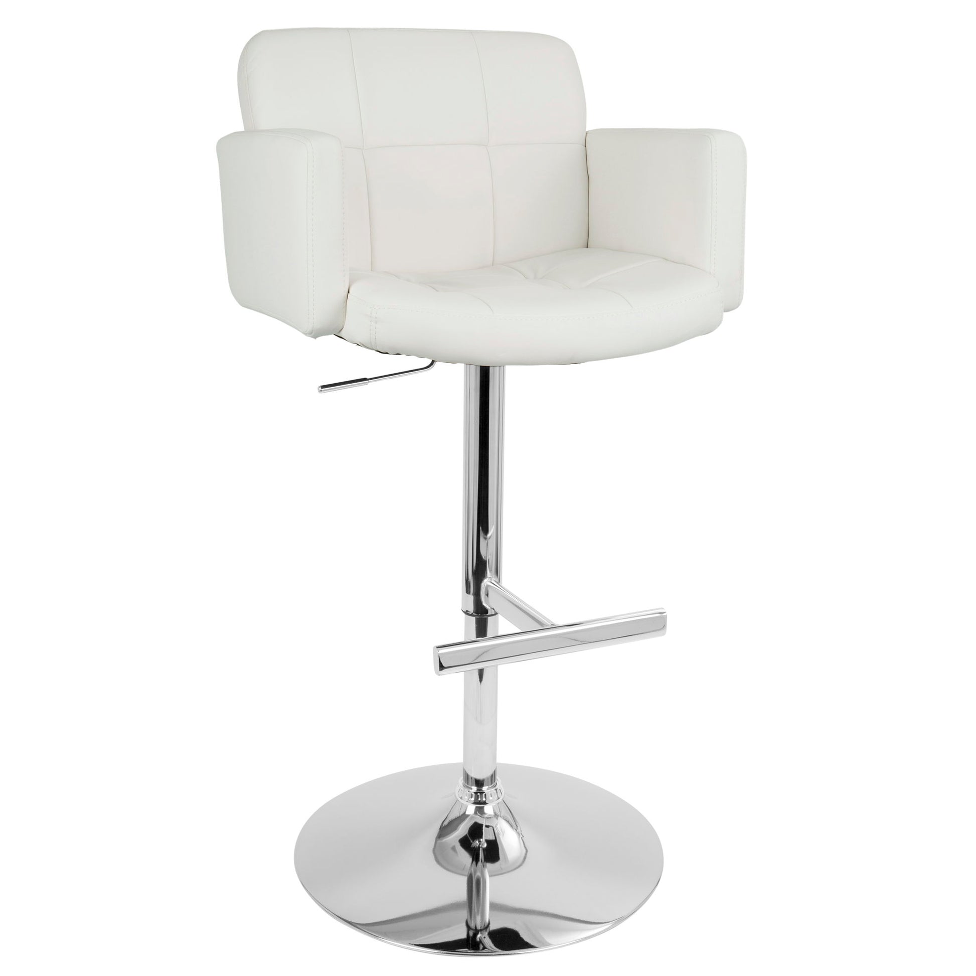 The Stout is a contemporary adjustable barstool with swivel, featuring a white cushioned seat, armrests, low backrest, chrome base with footrest, and height-adjustable lever.