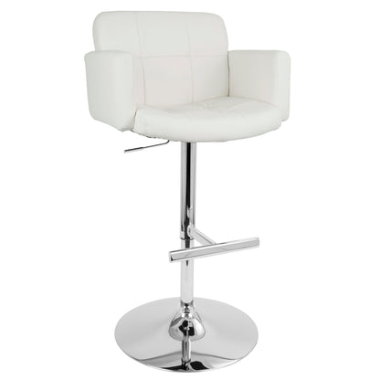 The Stout is a contemporary adjustable barstool with swivel, featuring a white cushioned seat, armrests, low backrest, chrome base with footrest, and height-adjustable lever.