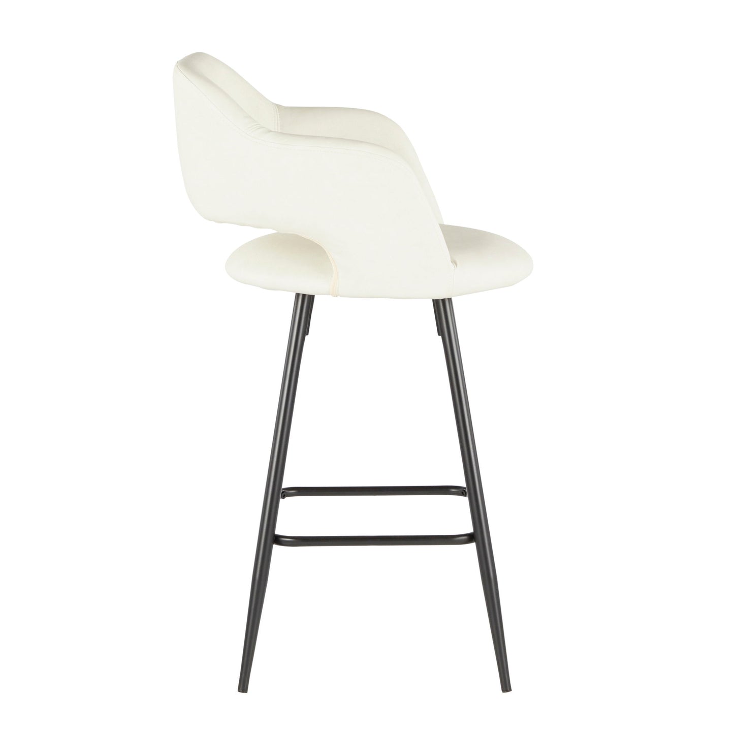 Side view of the Margarite - Contemporary Counter Stool (Set of 2), featuring a curved, upholstered white seat and backrest with four slender black metal legs and a footrest.