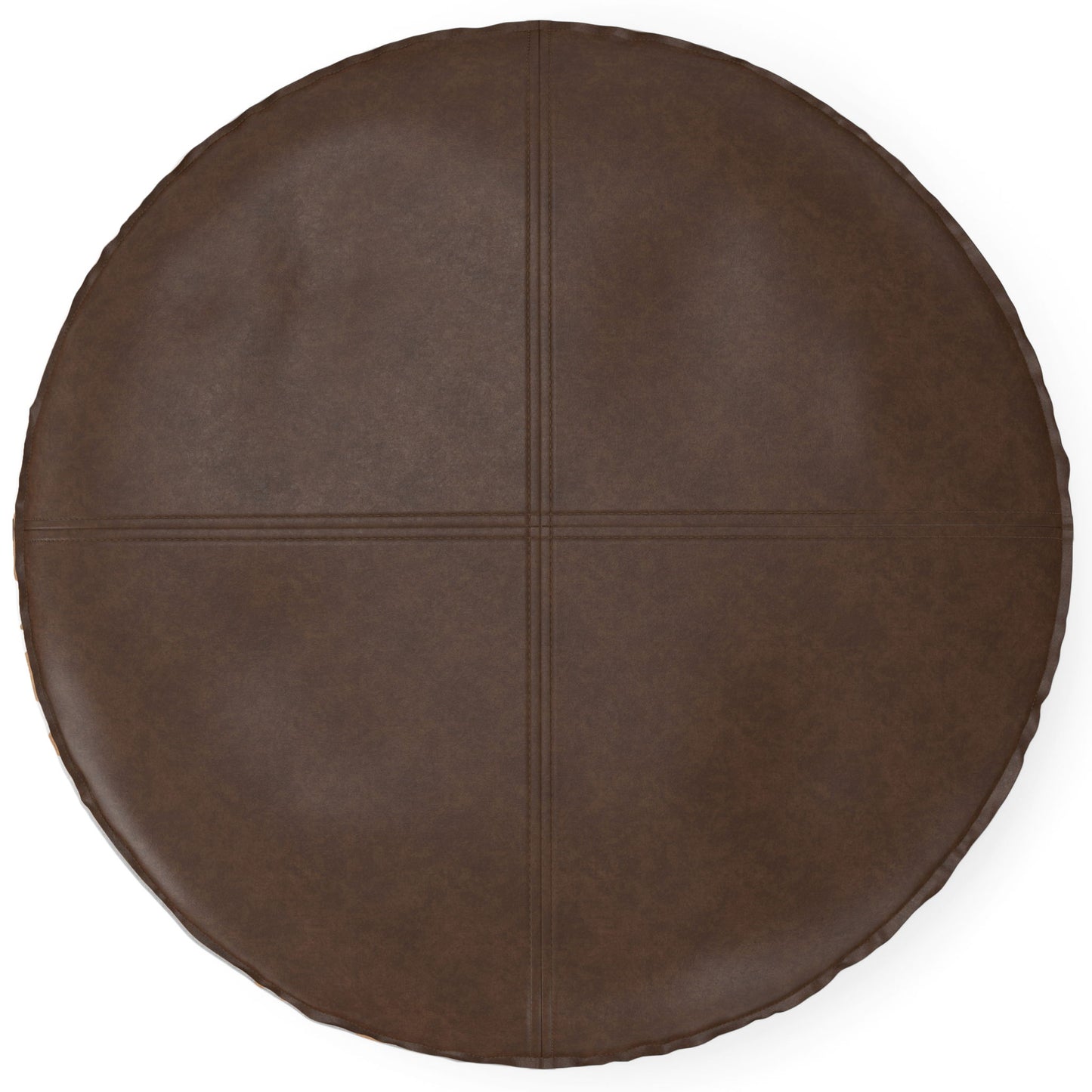 The Brody - Round Pouf is a dark brown leather cushion featuring visible stitched lines that form a cross pattern across its top surface.