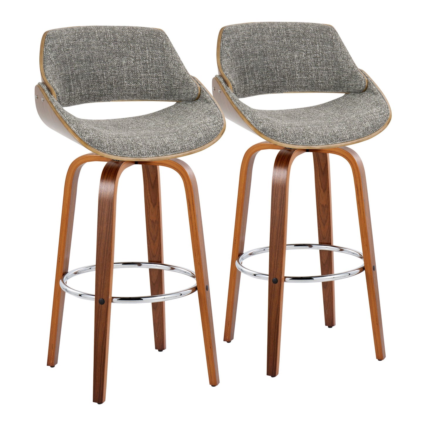 Set of 2 Fabrizzi Mid Century Modern barstools with curved wooden legs, round metal footrests, and gray upholstered seats and backrests, shown against a white background.