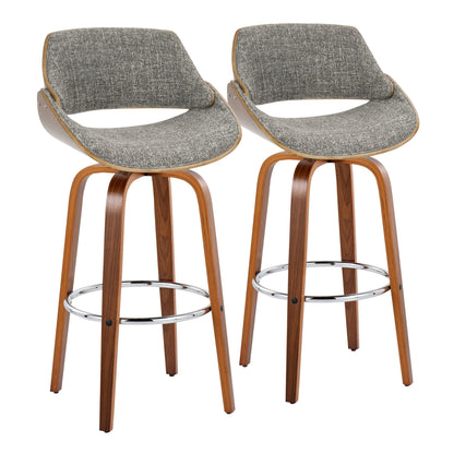 Set of 2 Fabrizzi Mid Century Modern barstools with curved wooden legs, round metal footrests, and gray upholstered seats and backrests, shown against a white background.