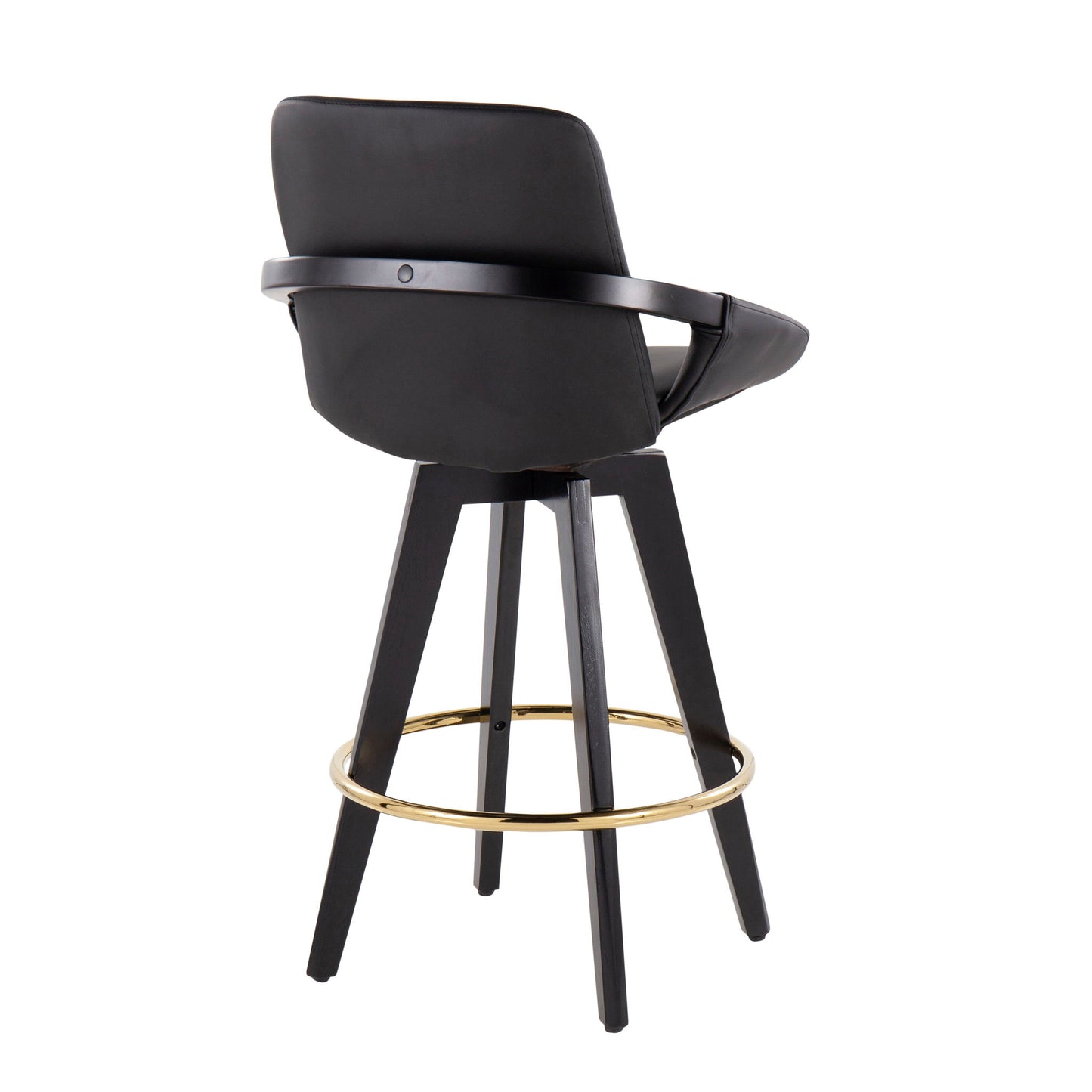 The Cosmo Contemporary Fixed Height Counter Stool (Set of 2) features a modern black design with a curved backrest, angled legs, and a gold round footrest, shown from a rear side angle.
