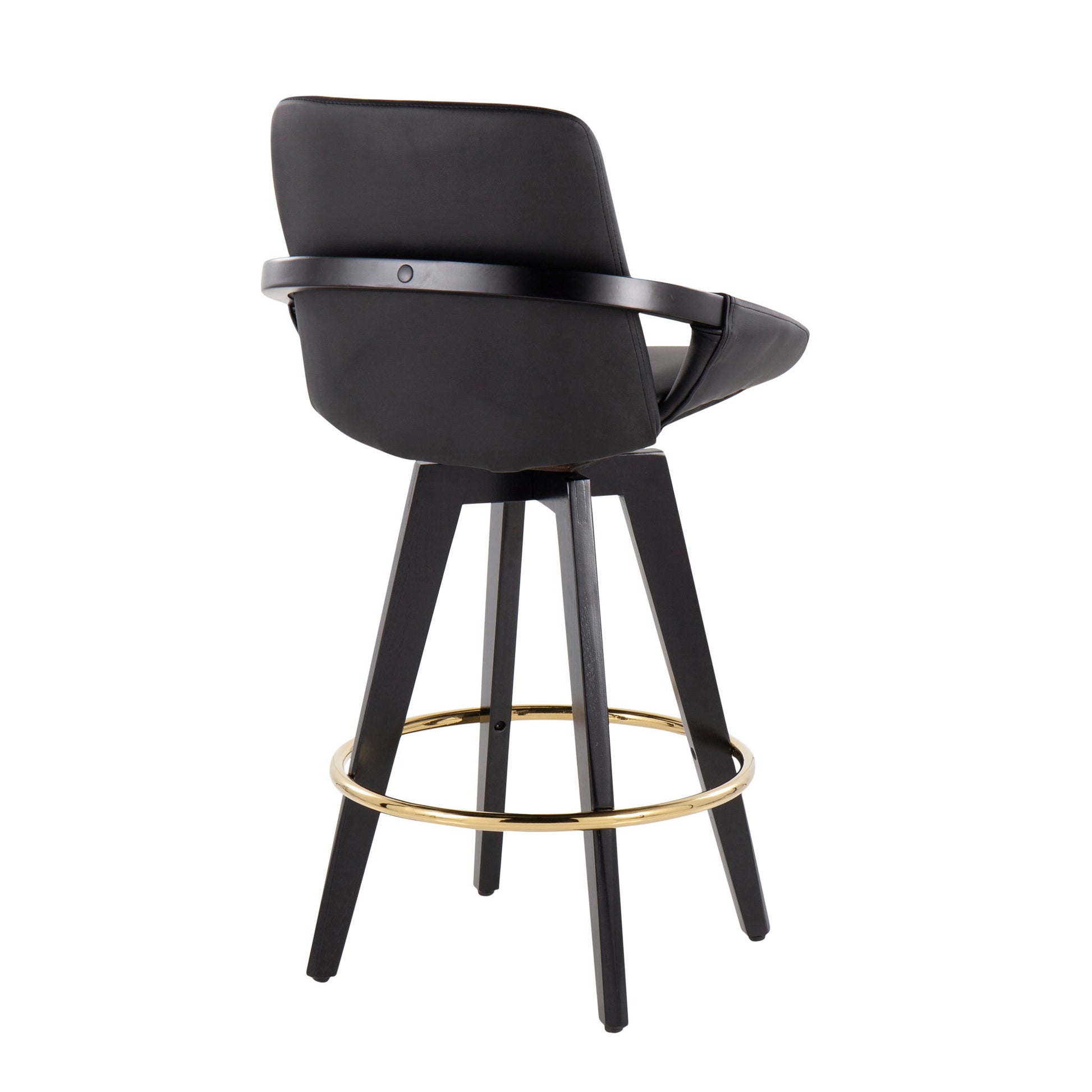 The Cosmo Contemporary Fixed Height Counter Stool (Set of 2) features a modern black design with a curved backrest, angled legs, and a gold round footrest, shown from a rear side angle.