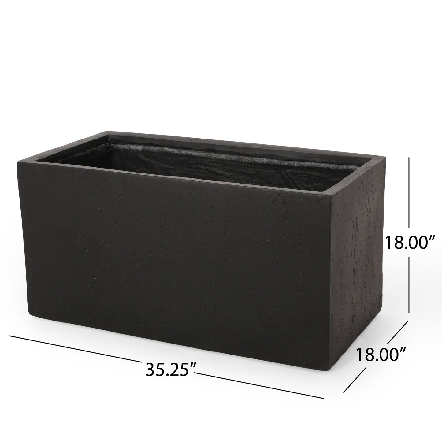 The Modern Outdoor Planter is a rectangular black box with a textured surface, measuring 35.25" L x 18" W x 18" H, and features measurement lines along the sides and base.