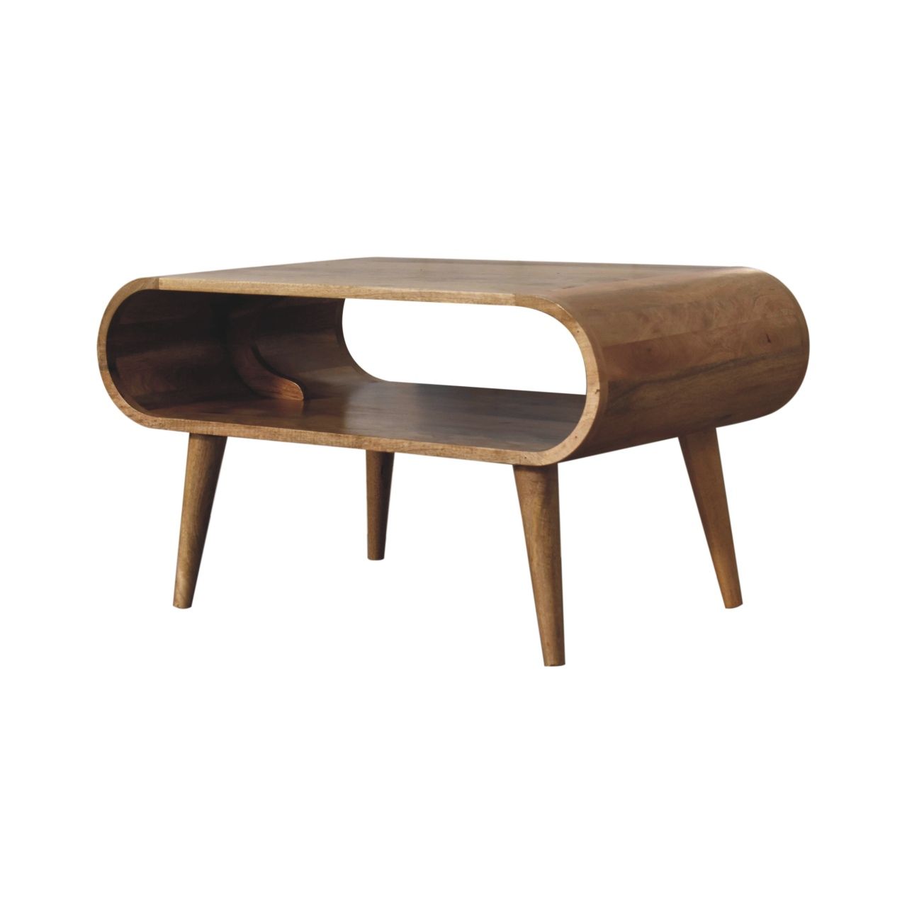 The Solid Wood Open Coffee Table features a mid-century modern design with rounded edges, angled legs, an open storage shelf beneath the tabletop, and a natural wood finish.