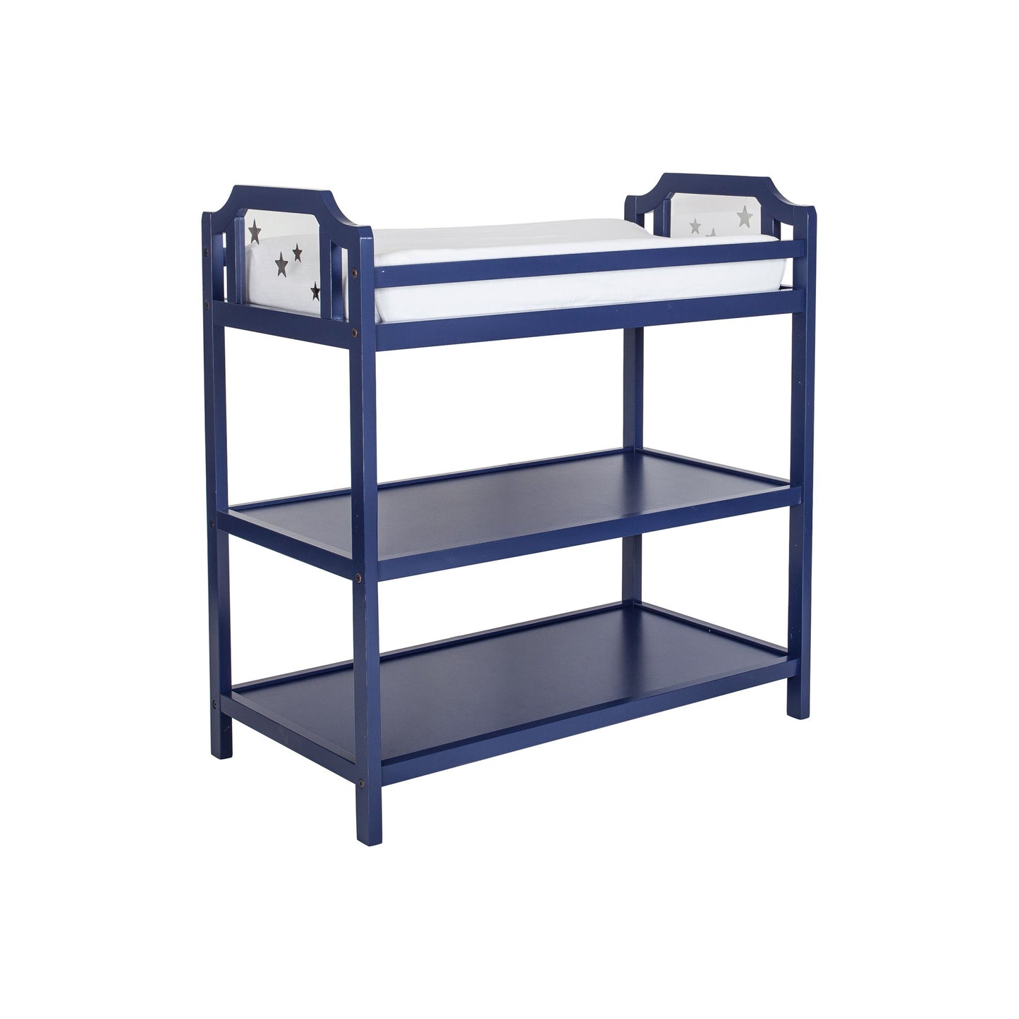 The Celeste - Changing Table is a blue wooden baby changer with two open shelves, star cutout side panels, and a white padded changing mat on top.