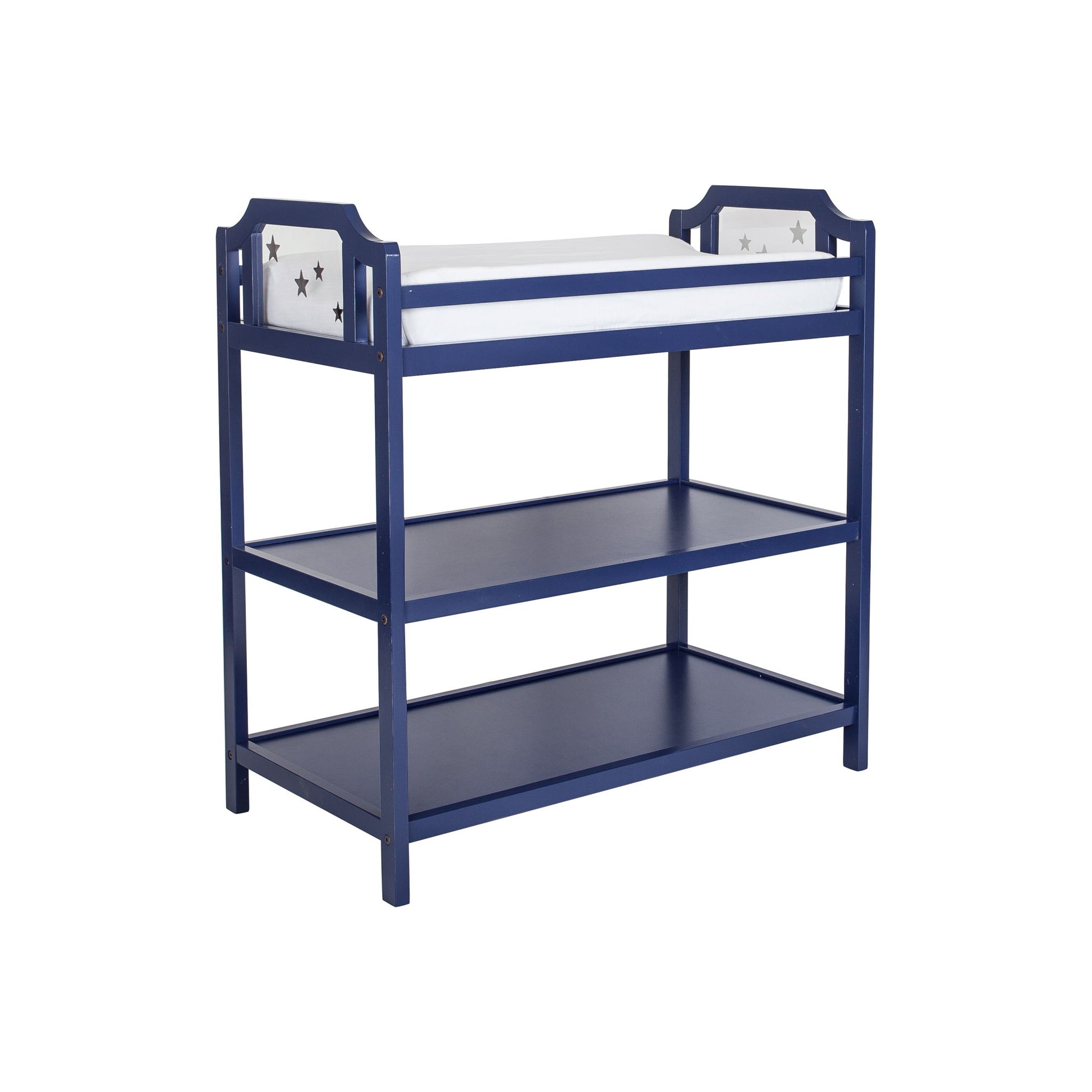 The Celeste - Changing Table is a blue wooden baby changer with two open shelves, star cutout side panels, and a white padded changing mat on top.