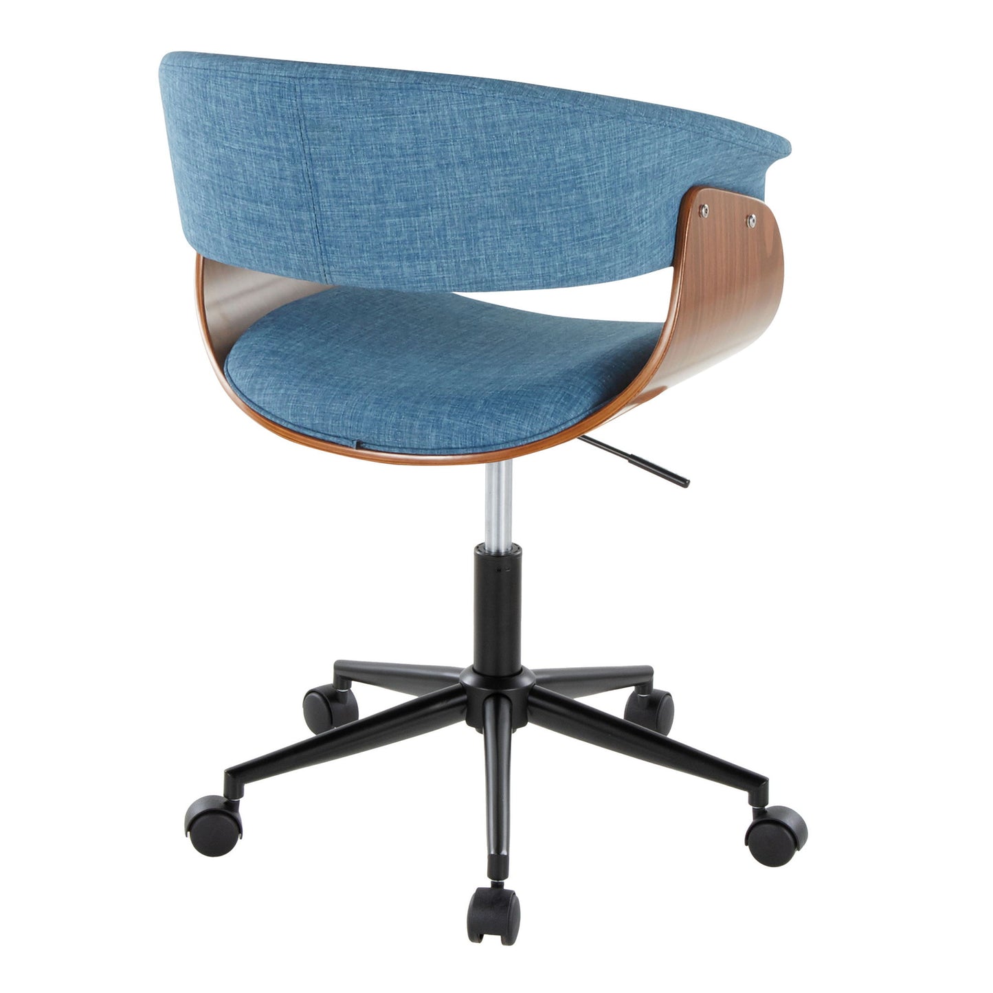 The Vintage Mod - Mid Century Modern Office Chair features blue upholstery, a curved wooden backrest, a black adjustable metal base, and five wheels, shown from the back.