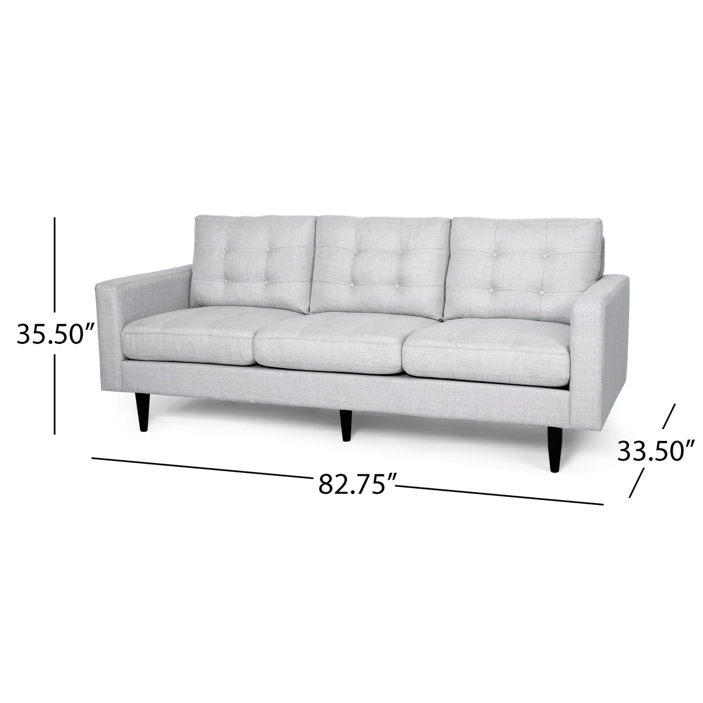 The Jenny Contemporary Tufted Fabric 3 Seater Sofa features light gray upholstery, button-tufted back cushions, dark tapered legs, and measures 35.5" high, 33.5" deep, and 82.75" long.