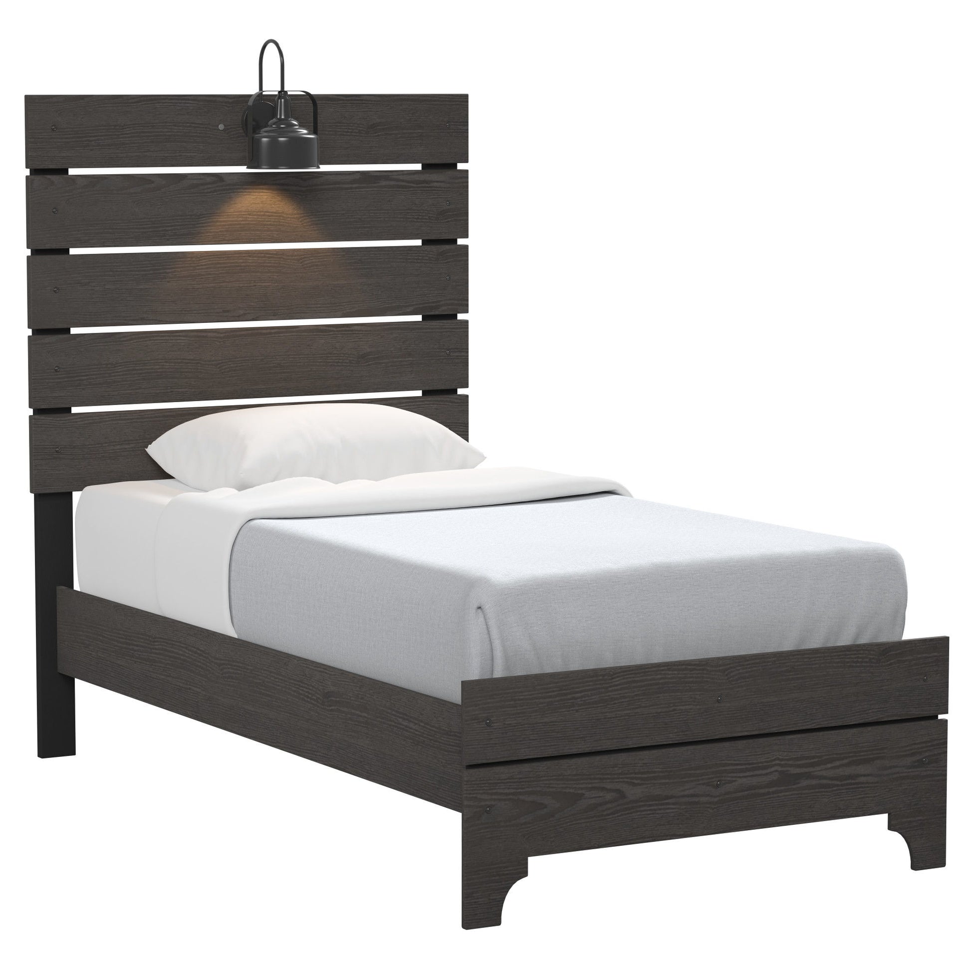 The Junipe - Bed With Lights is a single bed with a dark wooden frame, slatted headboard, white pillow and sheets, light gray blanket, and a black wall-mounted lamp above the headboard for warm illumination.